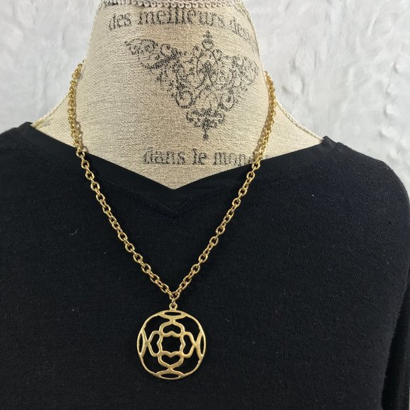 Jewelry - Gold Tone Circle Medallion cut out Long Necklace